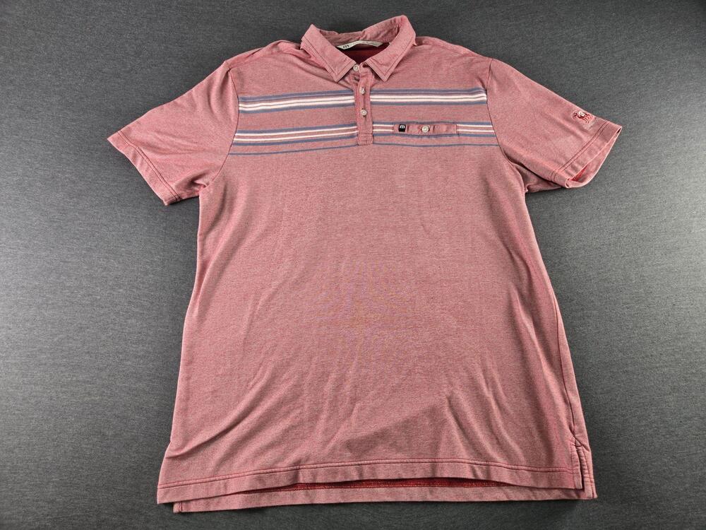 TravisMathew Polo Shirt Mens XL Red Striped Golf Performance Camelback Logo
